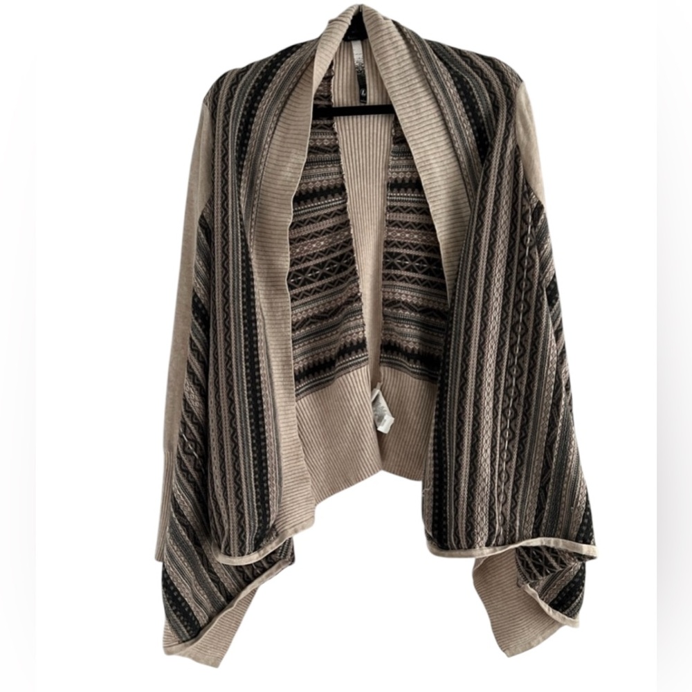 Kensie Brown Multicolor Boho Waterfall Draped Front Knit Cardigan Women Sz L EUC